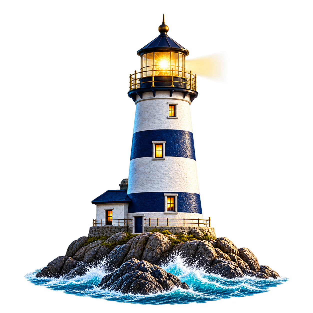 Realistic blue and white lighthouse shining over ocean rocks